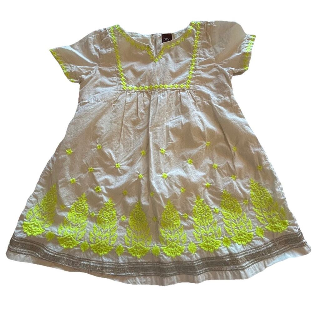 Tea Collection Embroidered White Dress Girl's‎ Size 3 Bright Green Silver Trim